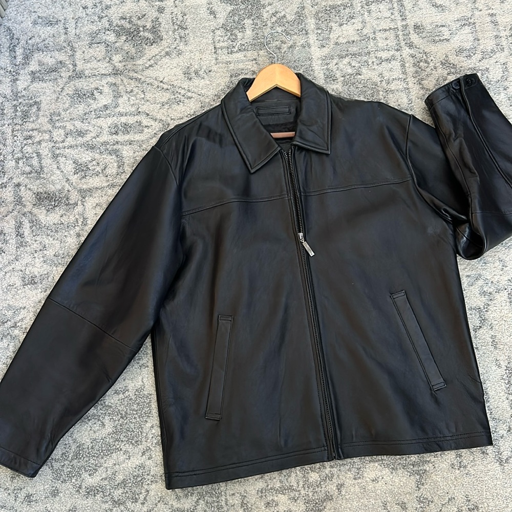 MEN BLACK REAL LEATHER JACKET LAMBSKIN CLAIBORNE VINTAGE SZ L like new GENUINE